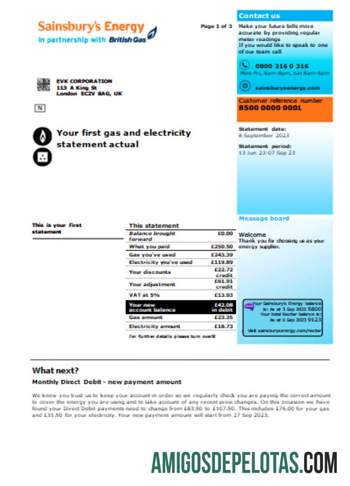 Projeto de lei de serviços públicos da Sainsbury Energy (British Gas), página 1, SCR modelo